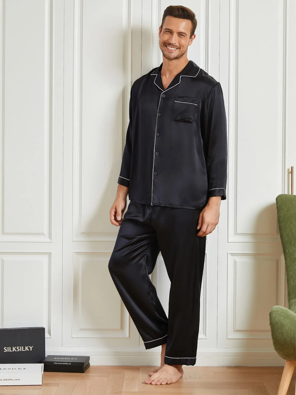 Silk Men's Lapel Long Sleeve Pyjamas Set