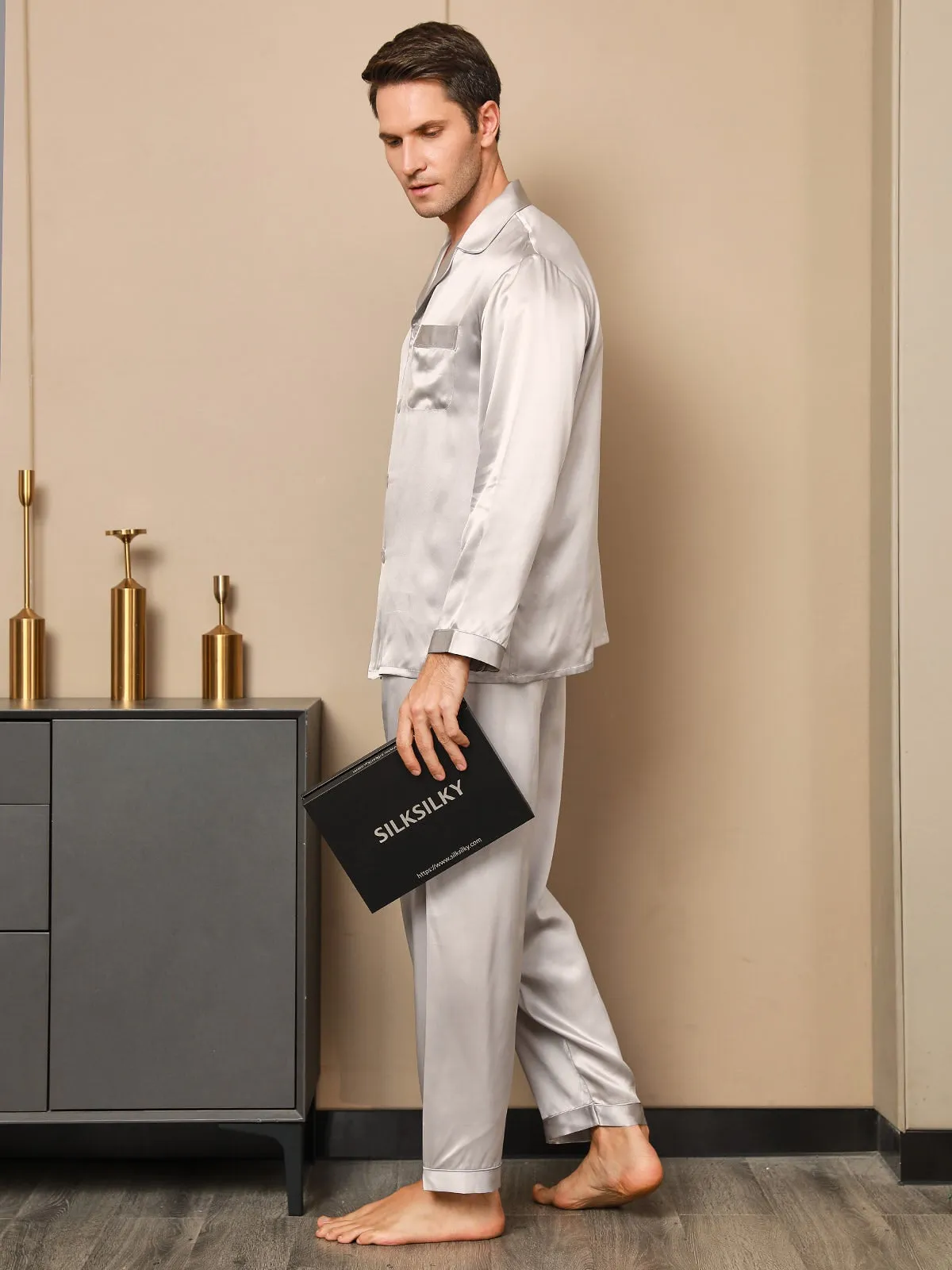 Silk Men's Lapel Long Sleeve Pyjamas Set