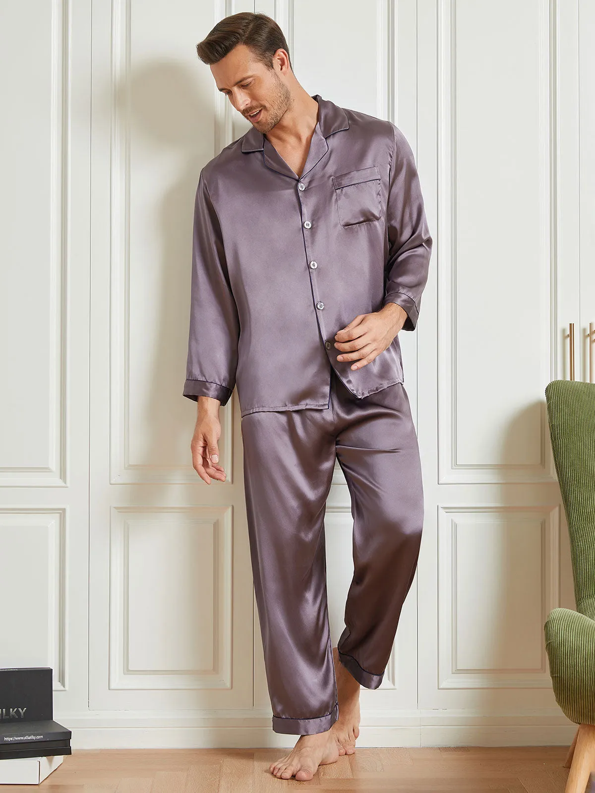 Silk Men's Lapel Long Sleeve Pyjamas Set