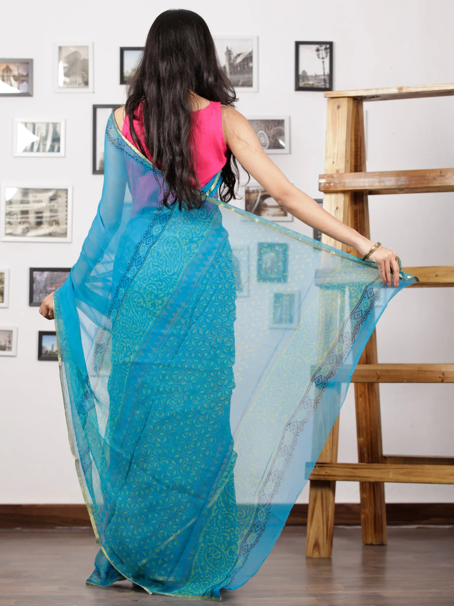 SkyBlue Green Hand Block Printed Chiffon Saree with Zari Border - S031702960