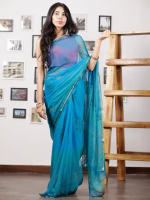 SkyBlue Green Hand Block Printed Chiffon Saree with Zari Border - S031702960