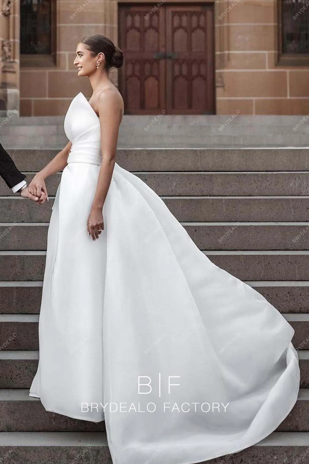 Strapless Designer Organza Slit Destination Wedding Dress with Overskirt