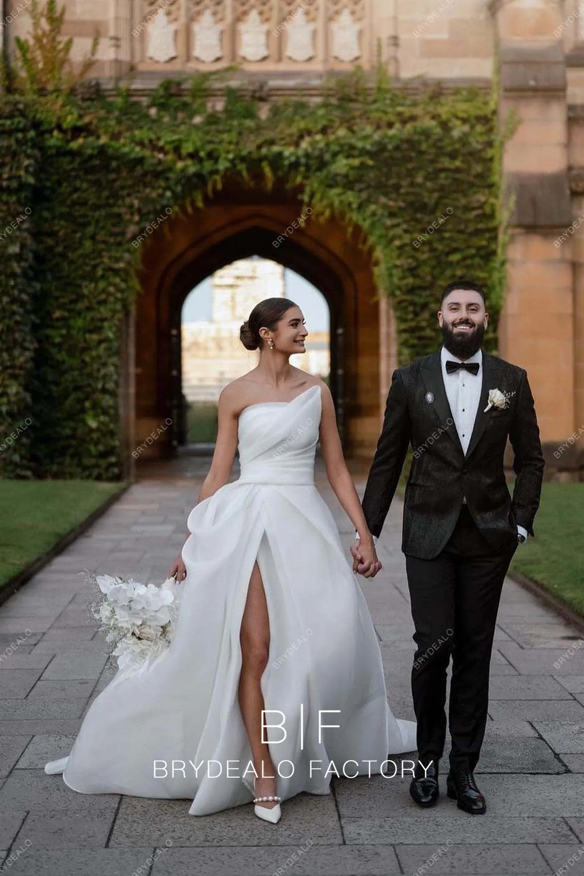 Strapless Designer Organza Slit Destination Wedding Dress with Overskirt