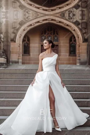 Strapless Designer Organza Slit Destination Wedding Dress with Overskirt