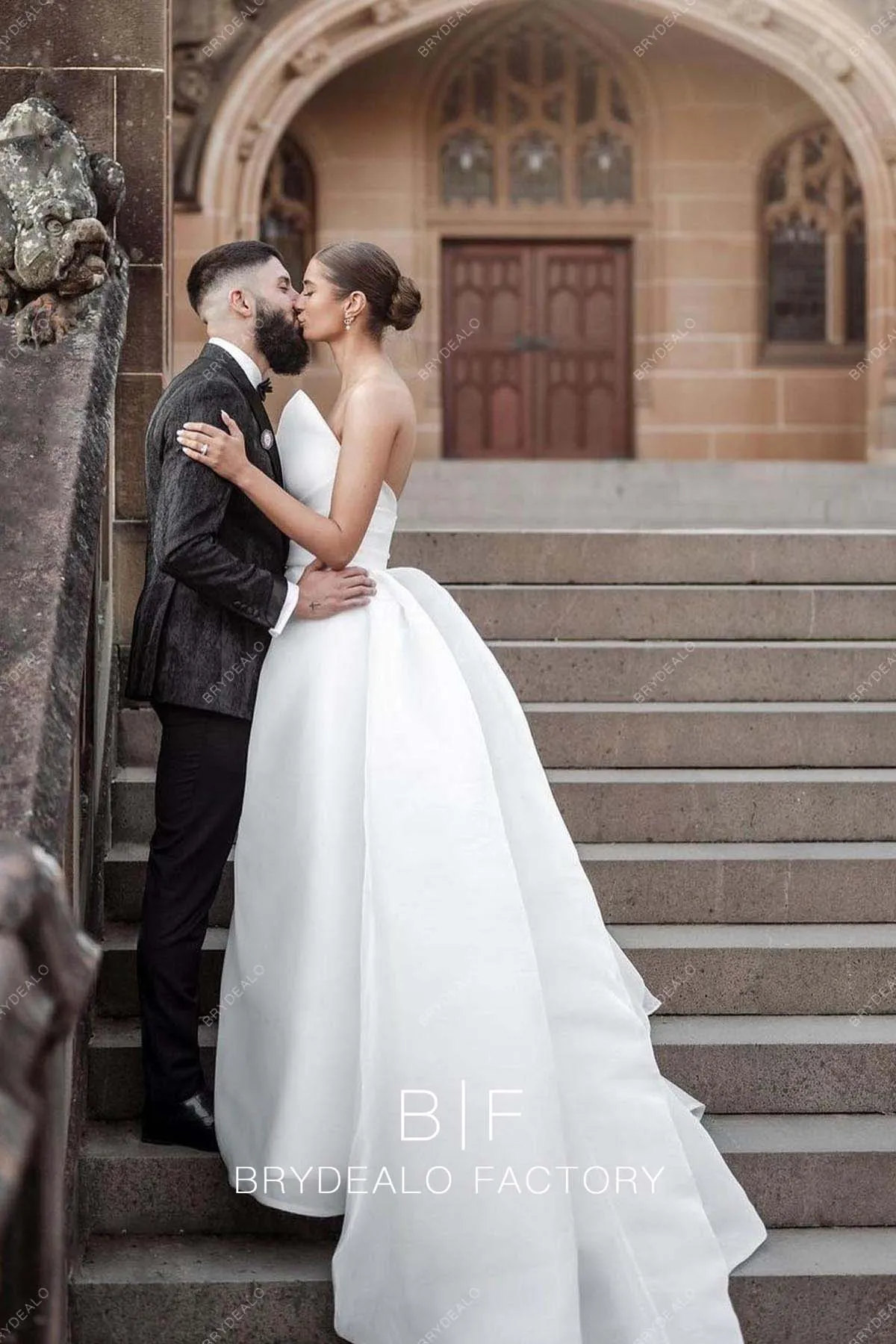 Strapless Designer Organza Slit Destination Wedding Dress with Overskirt