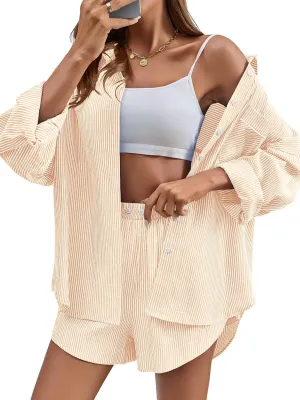 Tankaneo Womens 2 Piece Outfits Striped Sets Long Sleeve Button Down Blouse and Shorts Tracksuit Casual Loungewear