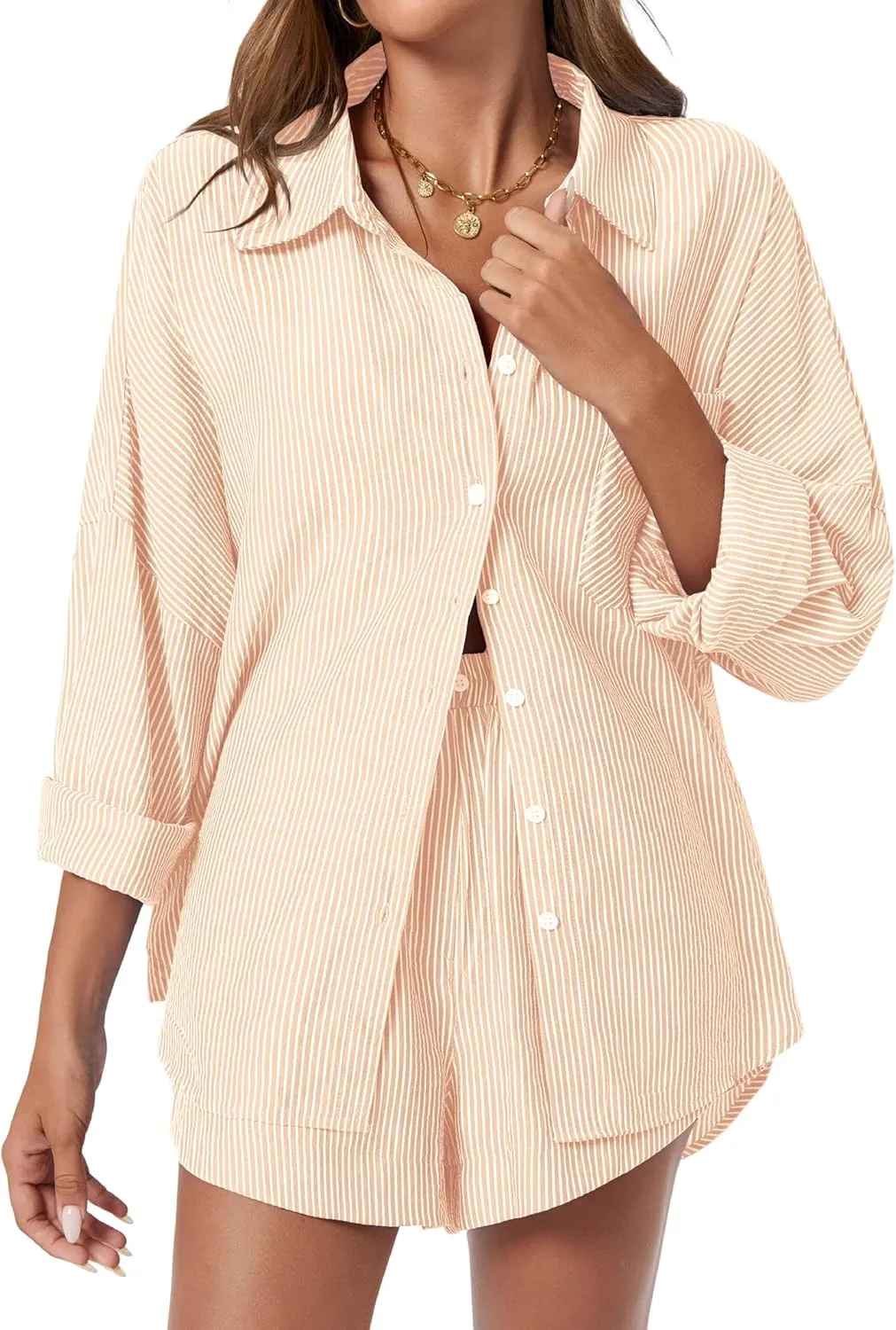Tankaneo Womens 2 Piece Outfits Striped Sets Long Sleeve Button Down Blouse and Shorts Tracksuit Casual Loungewear