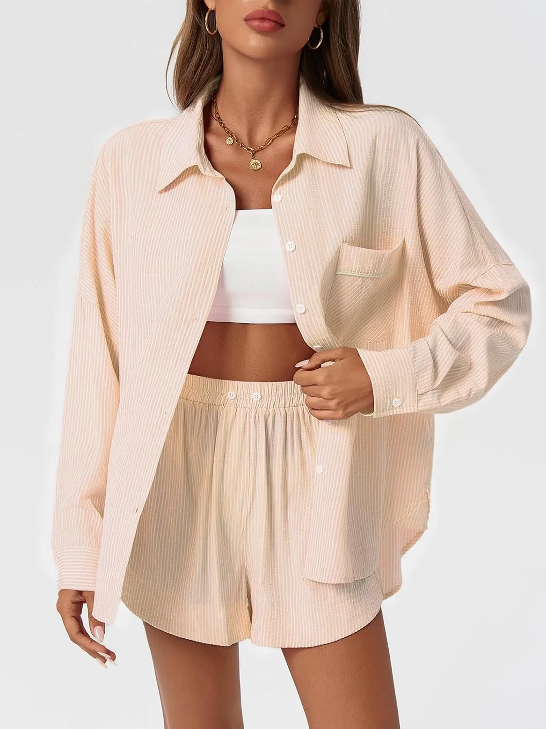 Tankaneo Womens 2 Piece Outfits Striped Sets Long Sleeve Button Down Blouse and Shorts Tracksuit Casual Loungewear
