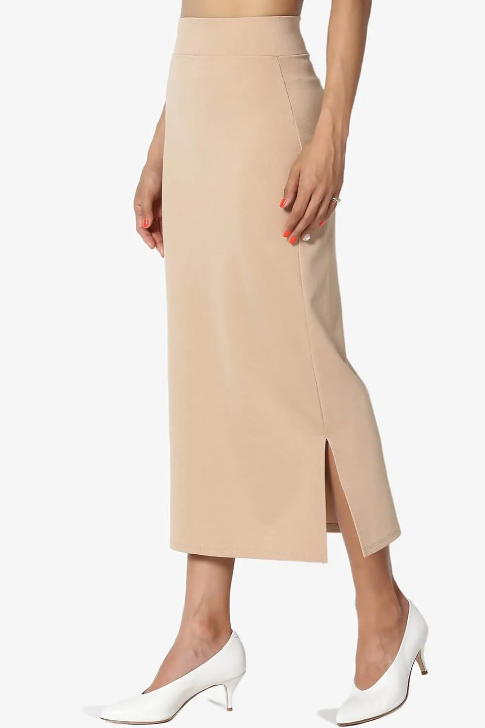 TheMogan Side Slit High Waist Stretch Ponte Knit Mid Calf Long Pencil Skirt