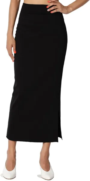TheMogan Side Slit High Waist Stretch Ponte Knit Mid Calf Long Pencil Skirt