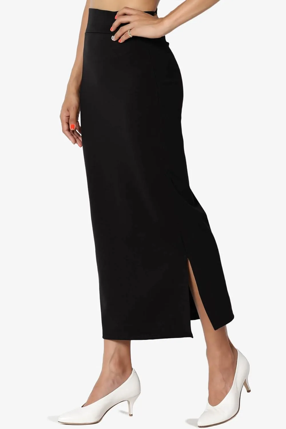 TheMogan Side Slit High Waist Stretch Ponte Knit Mid Calf Long Pencil Skirt