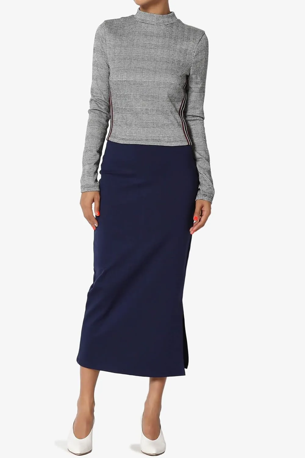 TheMogan Side Slit High Waist Stretch Ponte Knit Mid Calf Long Pencil Skirt