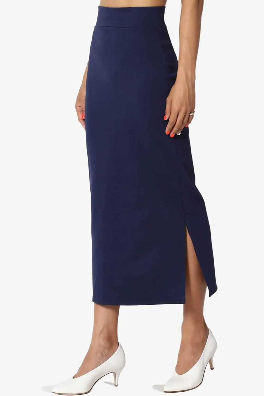 TheMogan Side Slit High Waist Stretch Ponte Knit Mid Calf Long Pencil Skirt