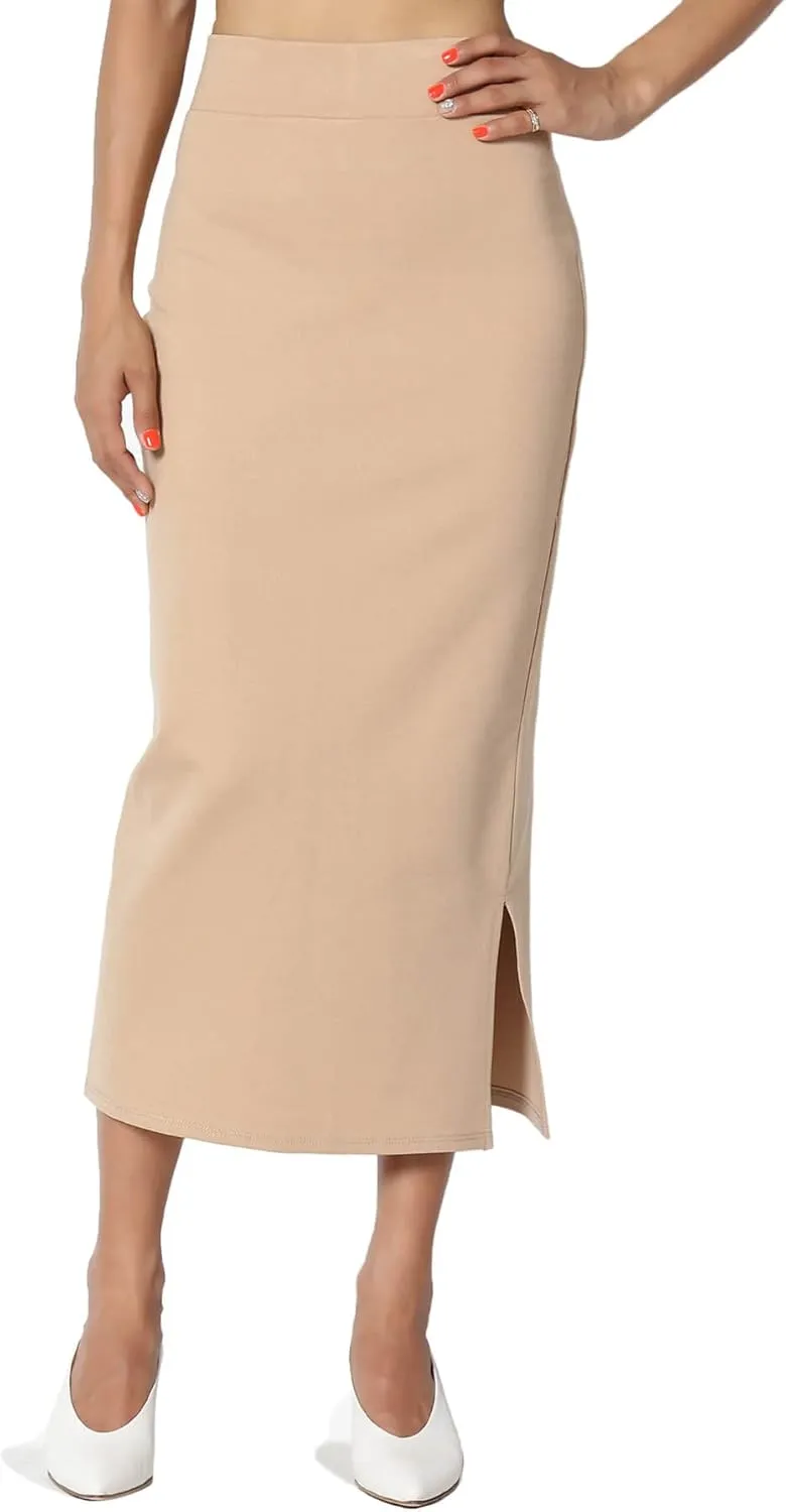 TheMogan Side Slit High Waist Stretch Ponte Knit Mid Calf Long Pencil Skirt