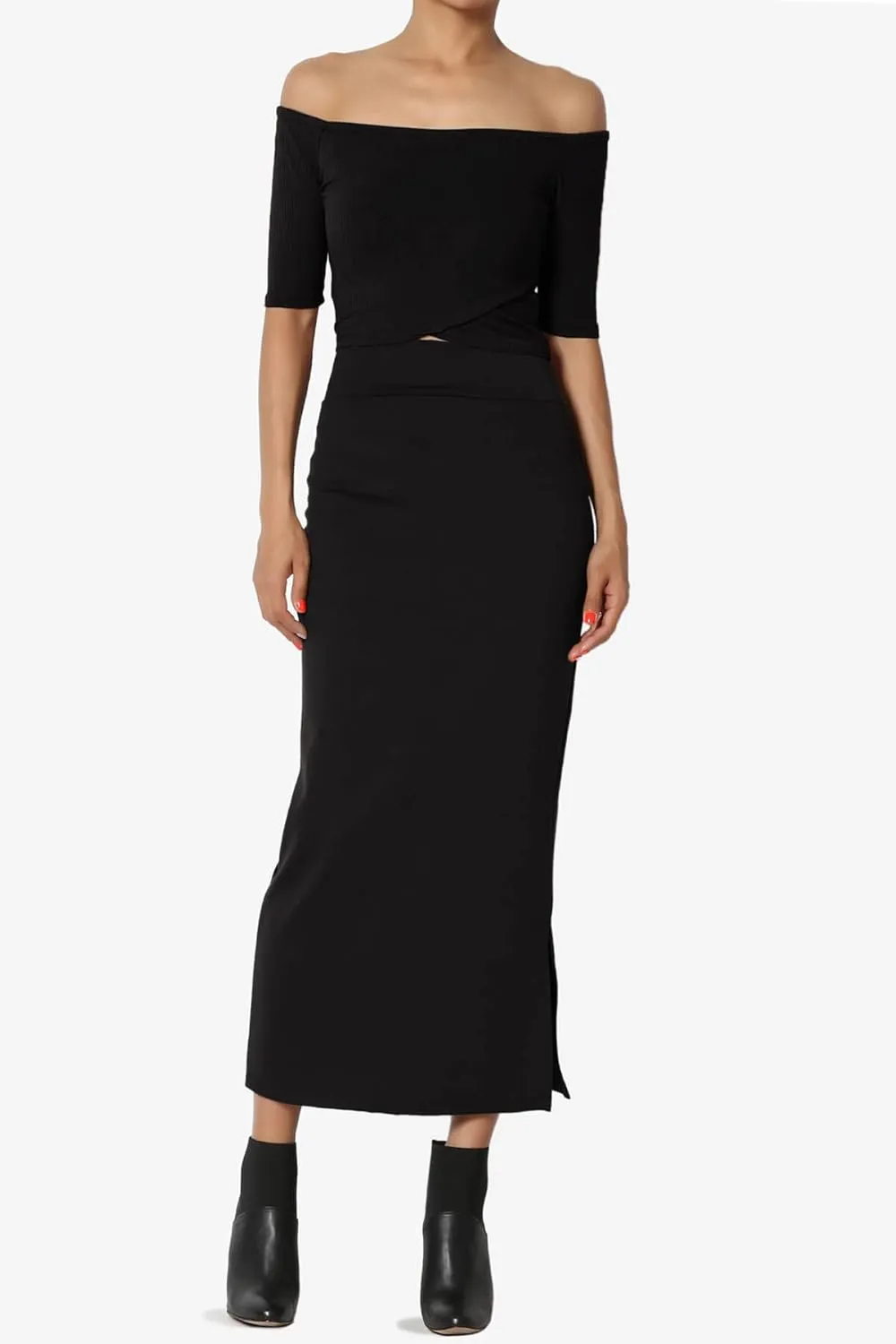 TheMogan Side Slit High Waist Stretch Ponte Knit Mid Calf Long Pencil Skirt