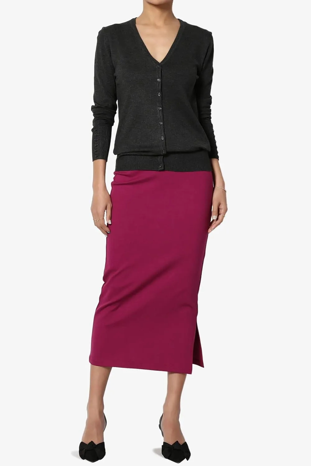 TheMogan Side Slit High Waist Stretch Ponte Knit Mid Calf Long Pencil Skirt