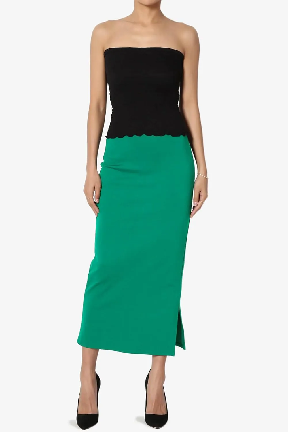 TheMogan Side Slit High Waist Stretch Ponte Knit Mid Calf Long Pencil Skirt