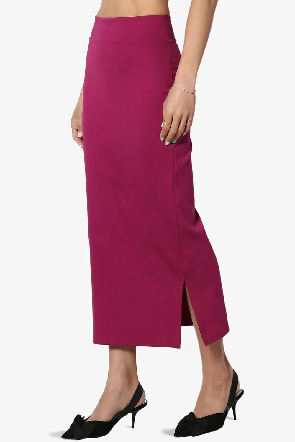 TheMogan Side Slit High Waist Stretch Ponte Knit Mid Calf Long Pencil Skirt