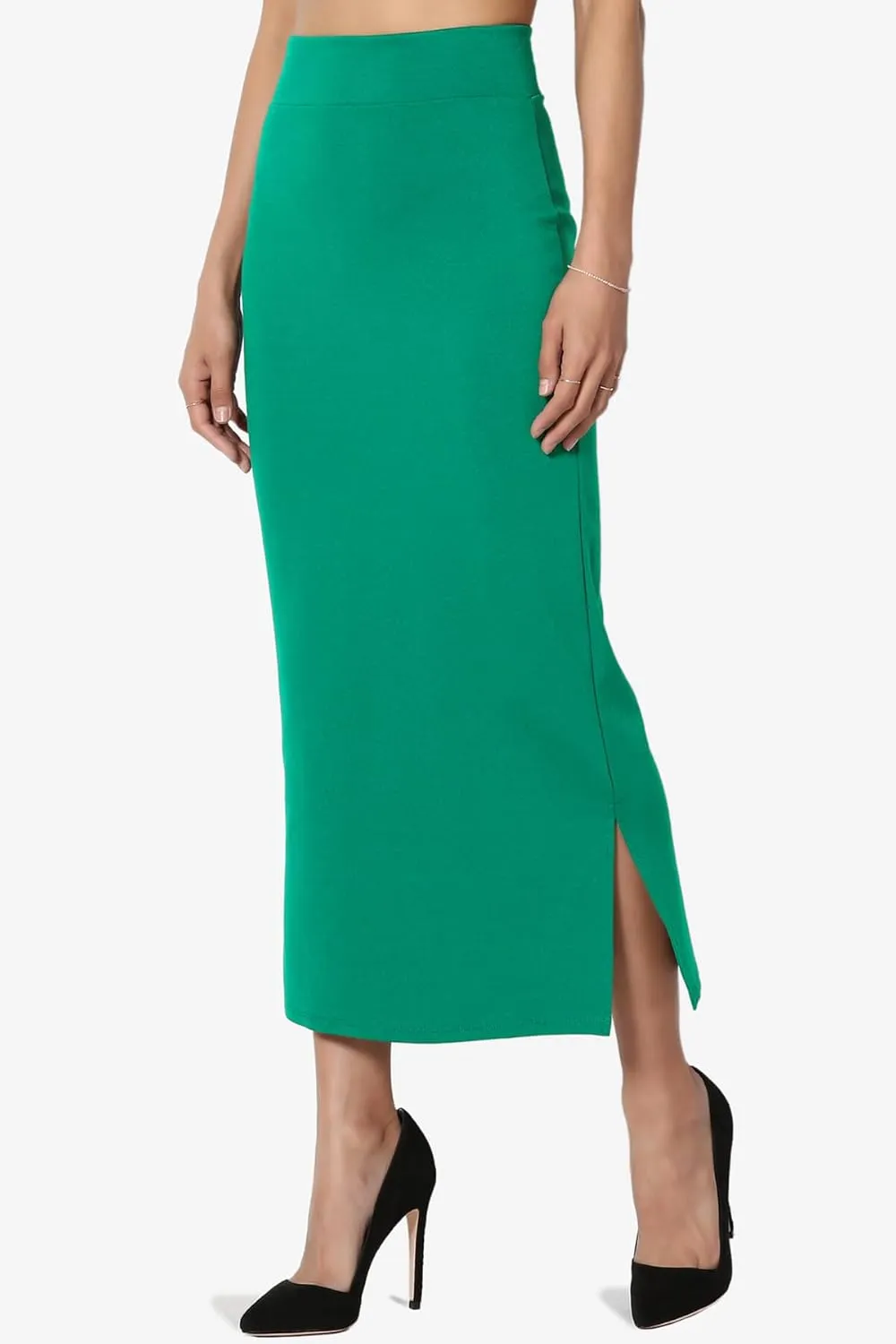 TheMogan Side Slit High Waist Stretch Ponte Knit Mid Calf Long Pencil Skirt