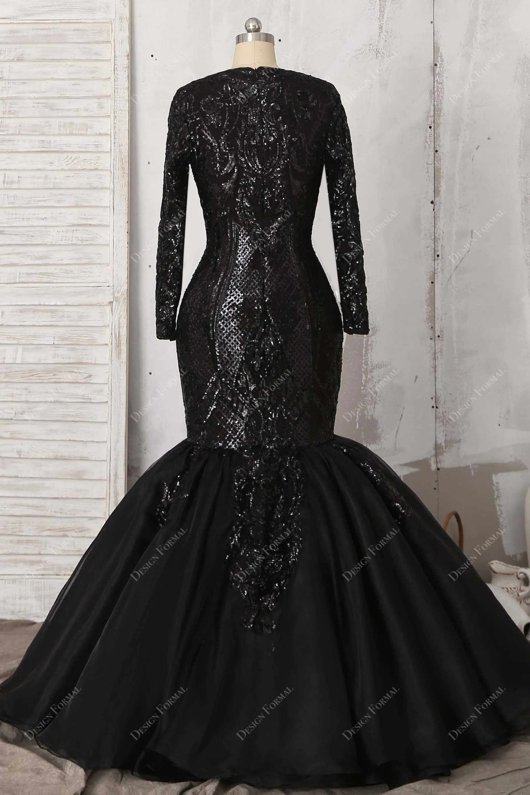 Unique Black Sequin Sleeved Plus Size Trumpet Prom Dress