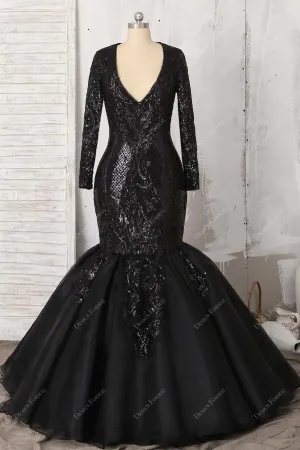 Unique Black Sequin Sleeved Plus Size Trumpet Prom Dress