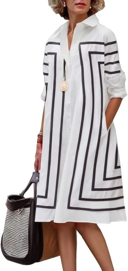 UOOZEE Women's Long Sleeve Button Down Shirt Dress Collar V Neck Loose Fit Casual A-Line Dresses with Pockets