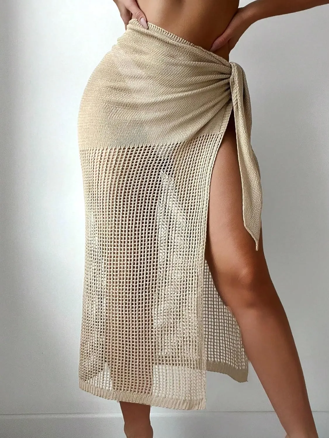 Verdusa Women's Tie Side Hollow Out Beach Swimsuit Crochet Sarong Wrap Cover Up Skirt