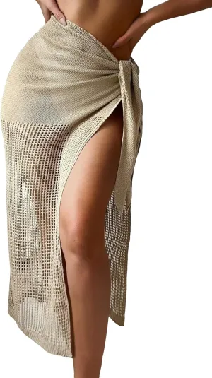Verdusa Women's Tie Side Hollow Out Beach Swimsuit Crochet Sarong Wrap Cover Up Skirt