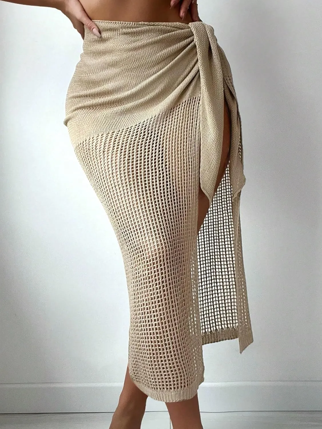 Verdusa Women's Tie Side Hollow Out Beach Swimsuit Crochet Sarong Wrap Cover Up Skirt