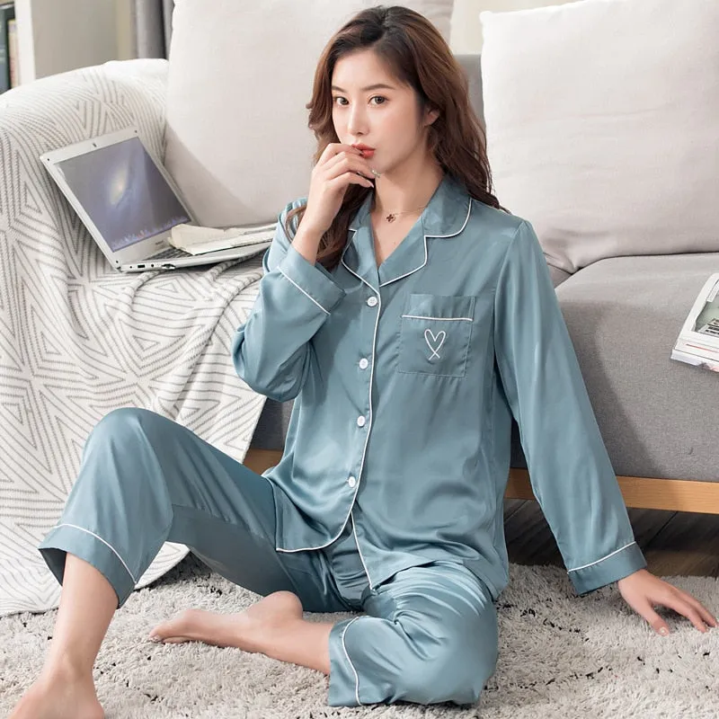 Wenkouban Spring Autumn Ladies Silk Pajamas Thin Long Sleeve Suit Sleepwear Women Silk Pajama Set