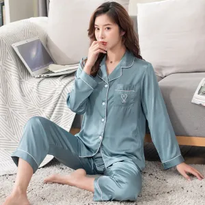 Wenkouban Spring Autumn Ladies Silk Pajamas Thin Long Sleeve Suit Sleepwear Women Silk Pajama Set