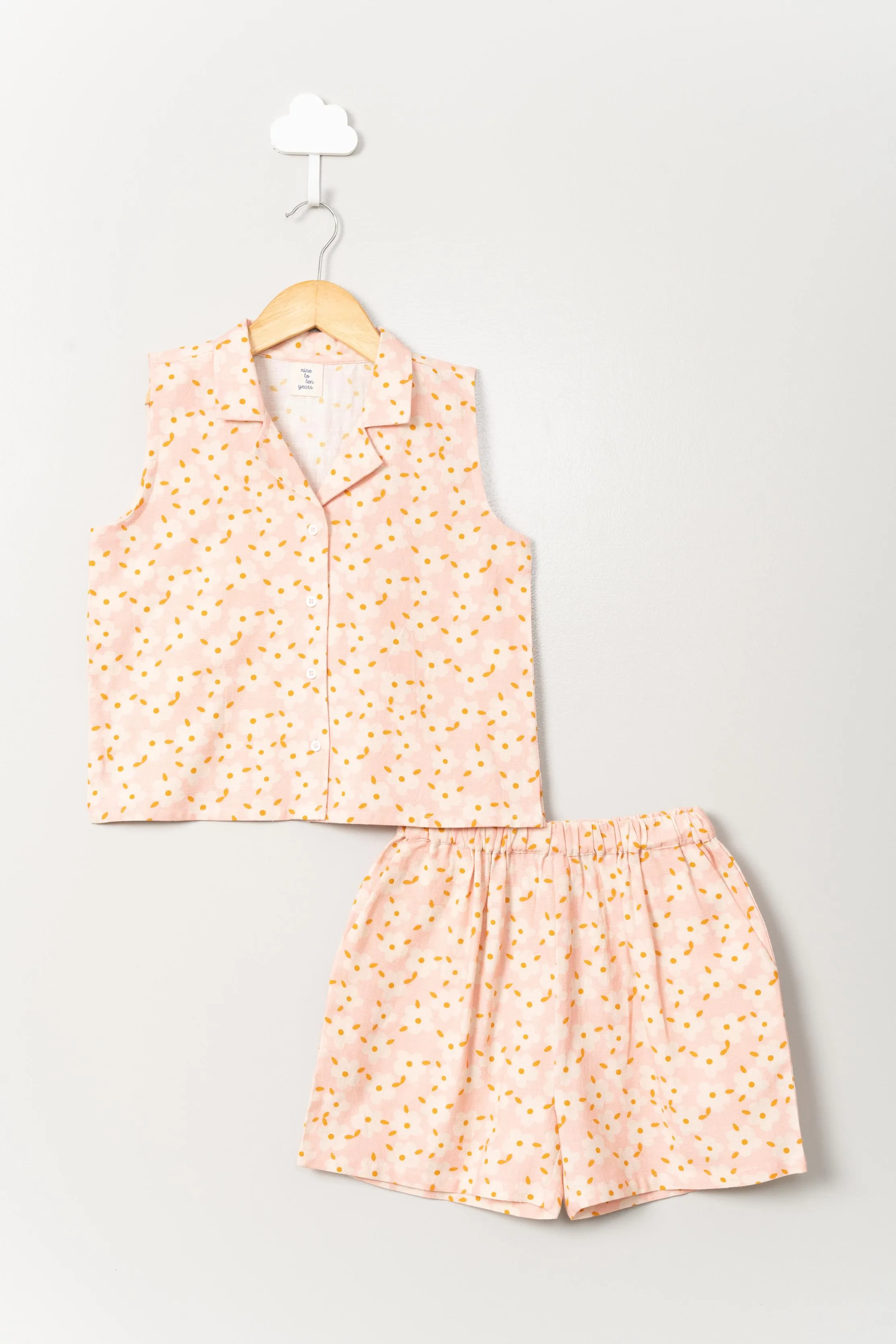 White Flowers on Pink Shorts Set
