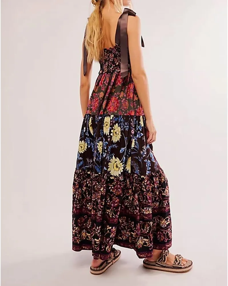 Women Floral Boho Sundress Tie Shoulder Smocked Patchwork Flowy Maxi Dresses with Pockets Summer Fall