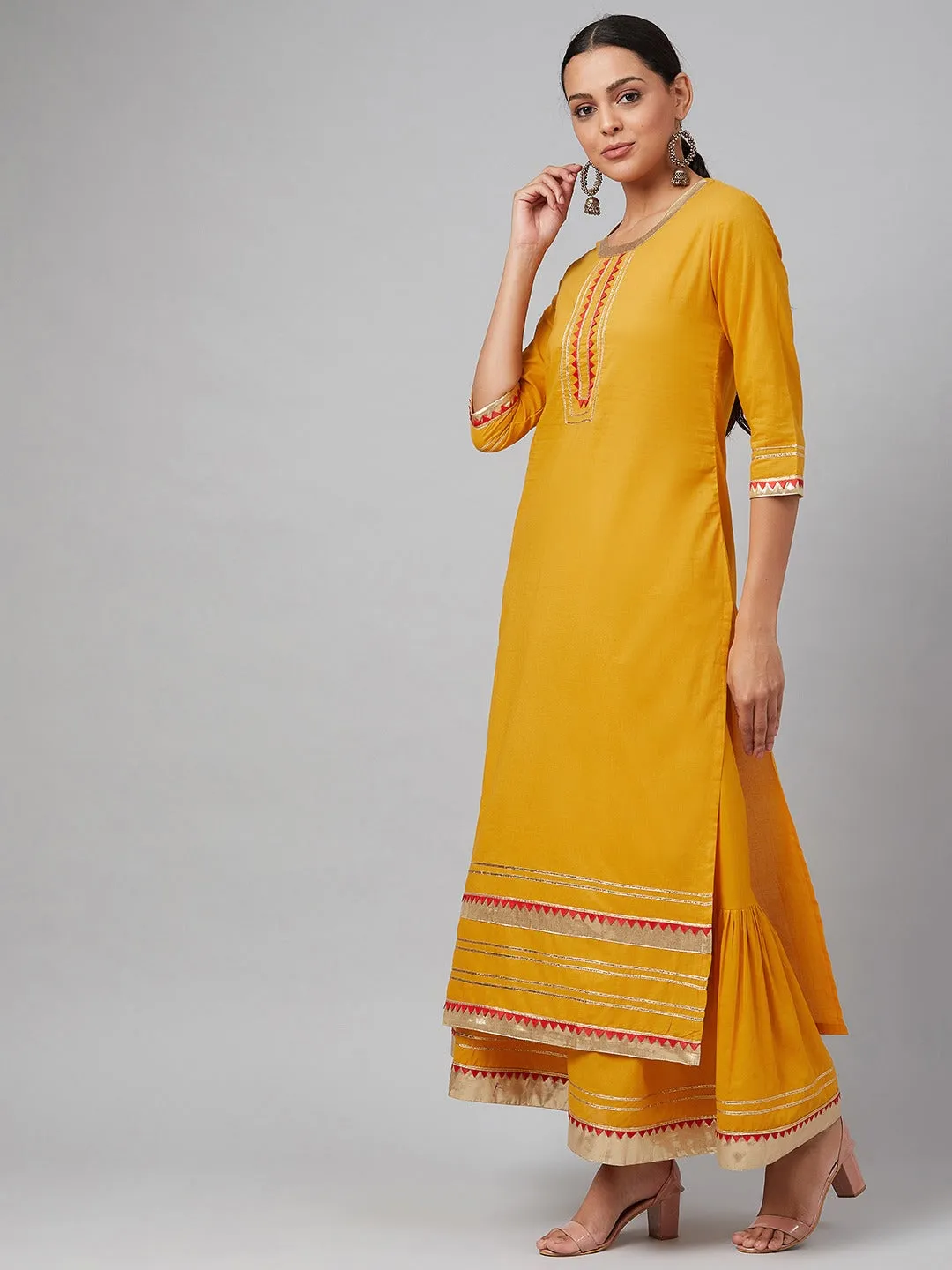 Women Mustard & Red Solid Kurta With Skirt & Dupatta