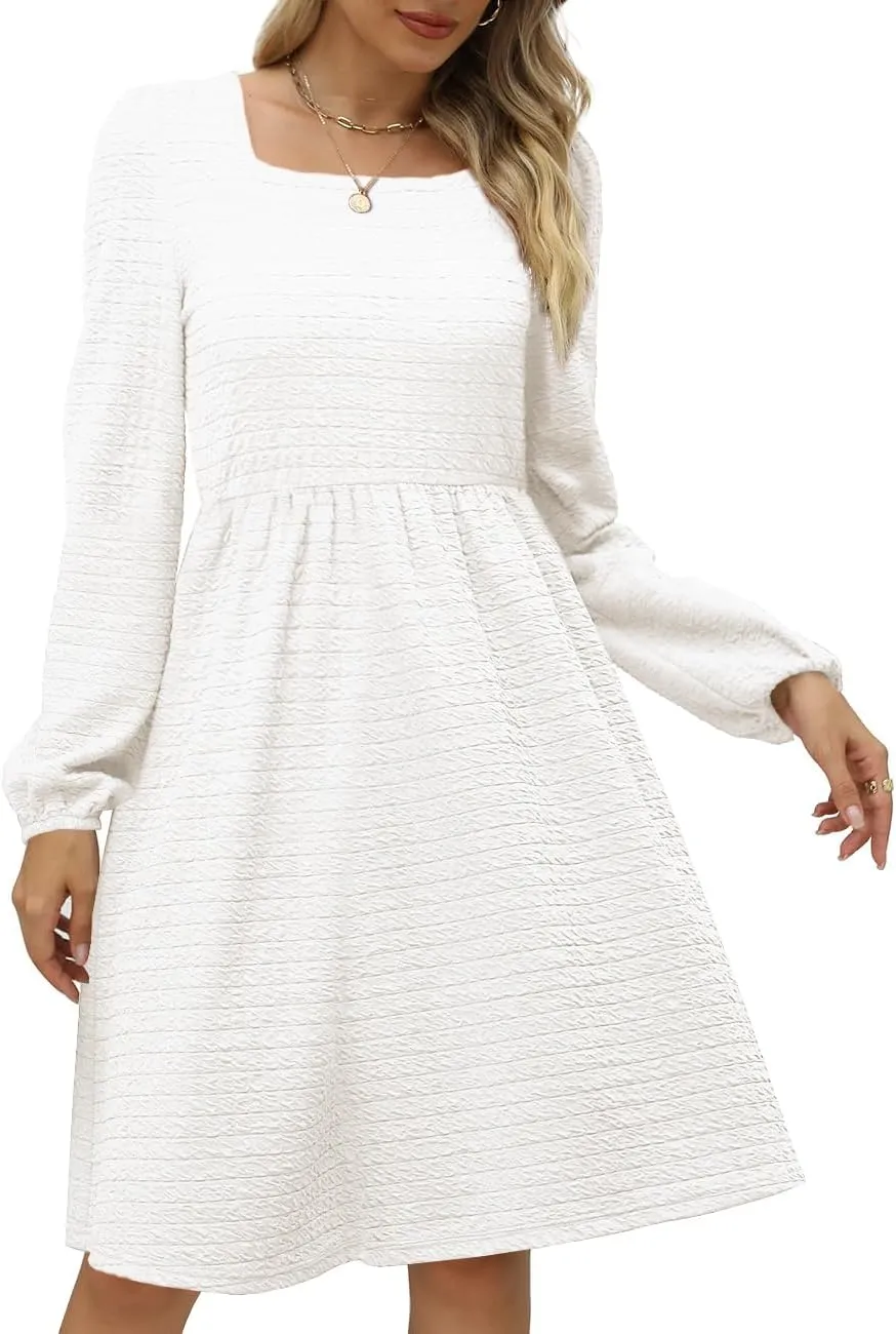 Womens Babydoll Dresses Square Neck Long Sleeve Knee Length Flowy Swing Shirring Mini Dresses Fall Dress