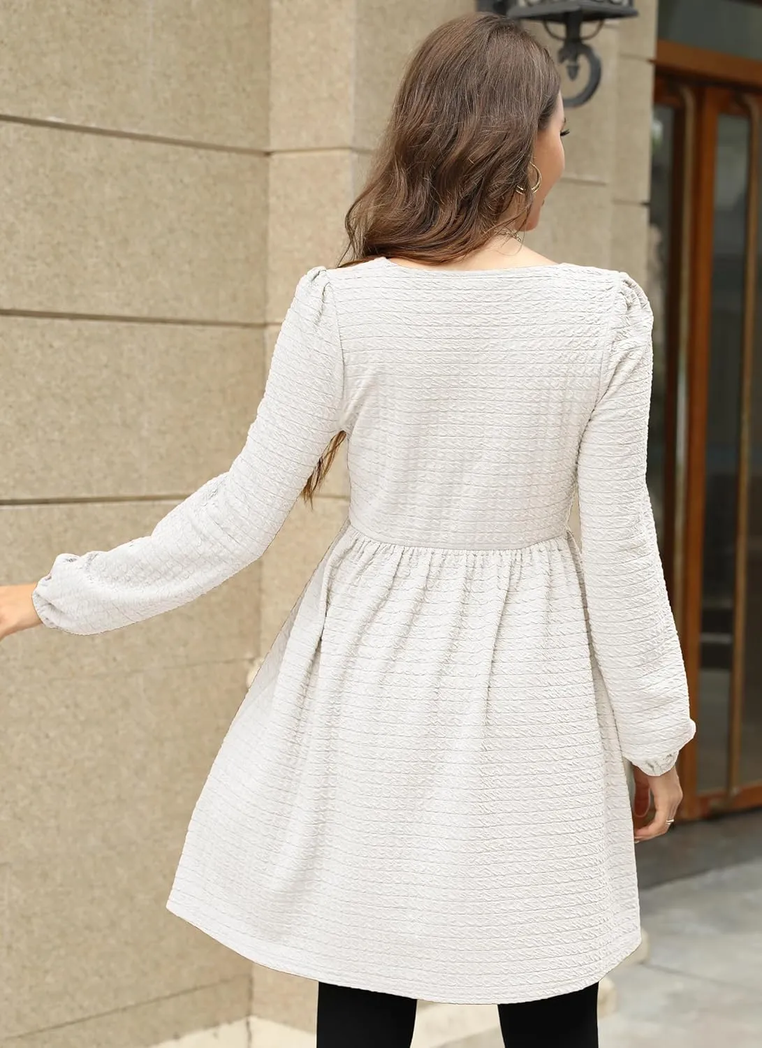 Womens Babydoll Dresses Square Neck Long Sleeve Knee Length Flowy Swing Shirring Mini Dresses Fall Dress