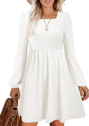 Womens Babydoll Dresses Square Neck Long Sleeve Knee Length Flowy Swing Shirring Mini Dresses Fall Dress