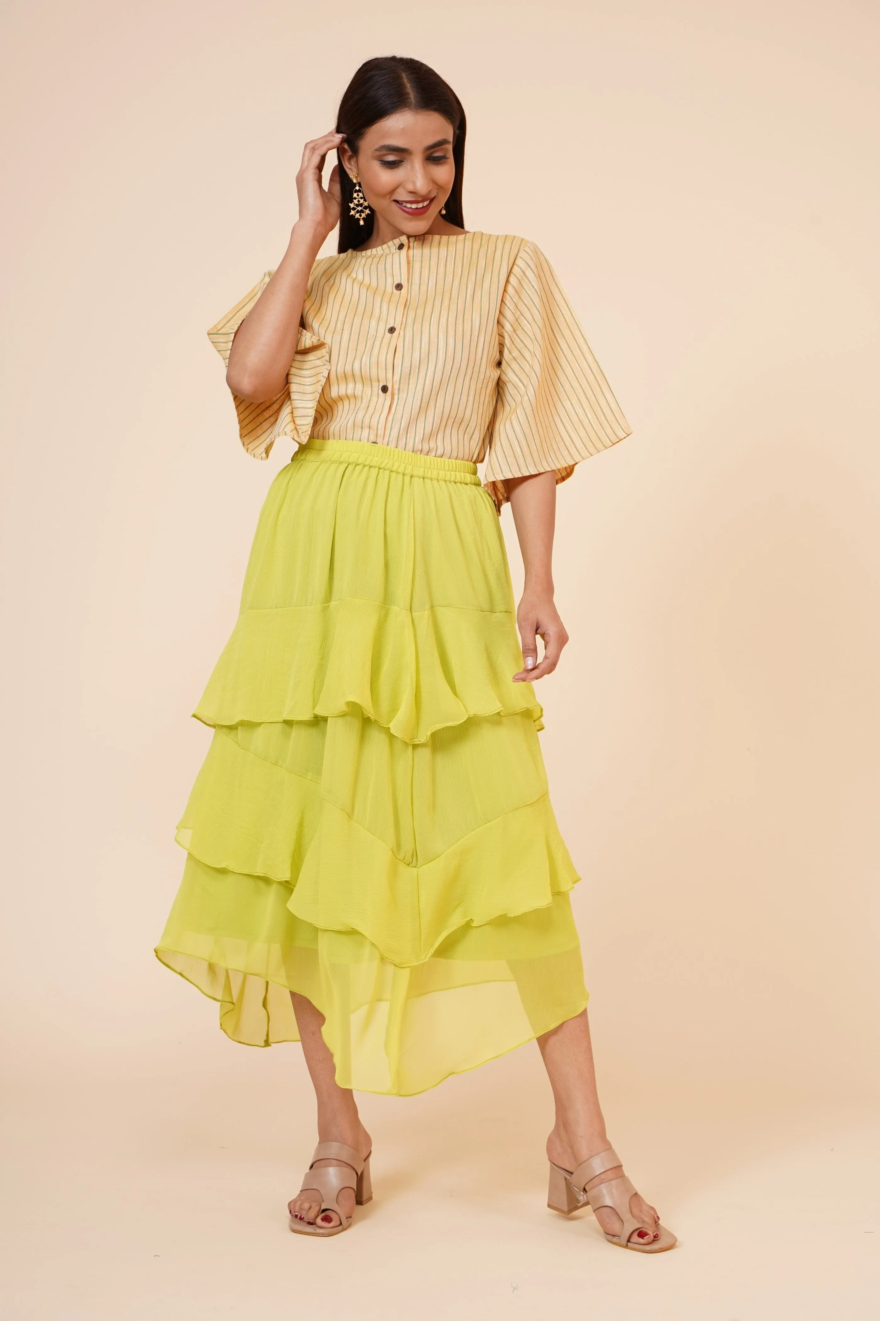 Women's Chiffon Ruffle Skirt with elastic in Lime Green