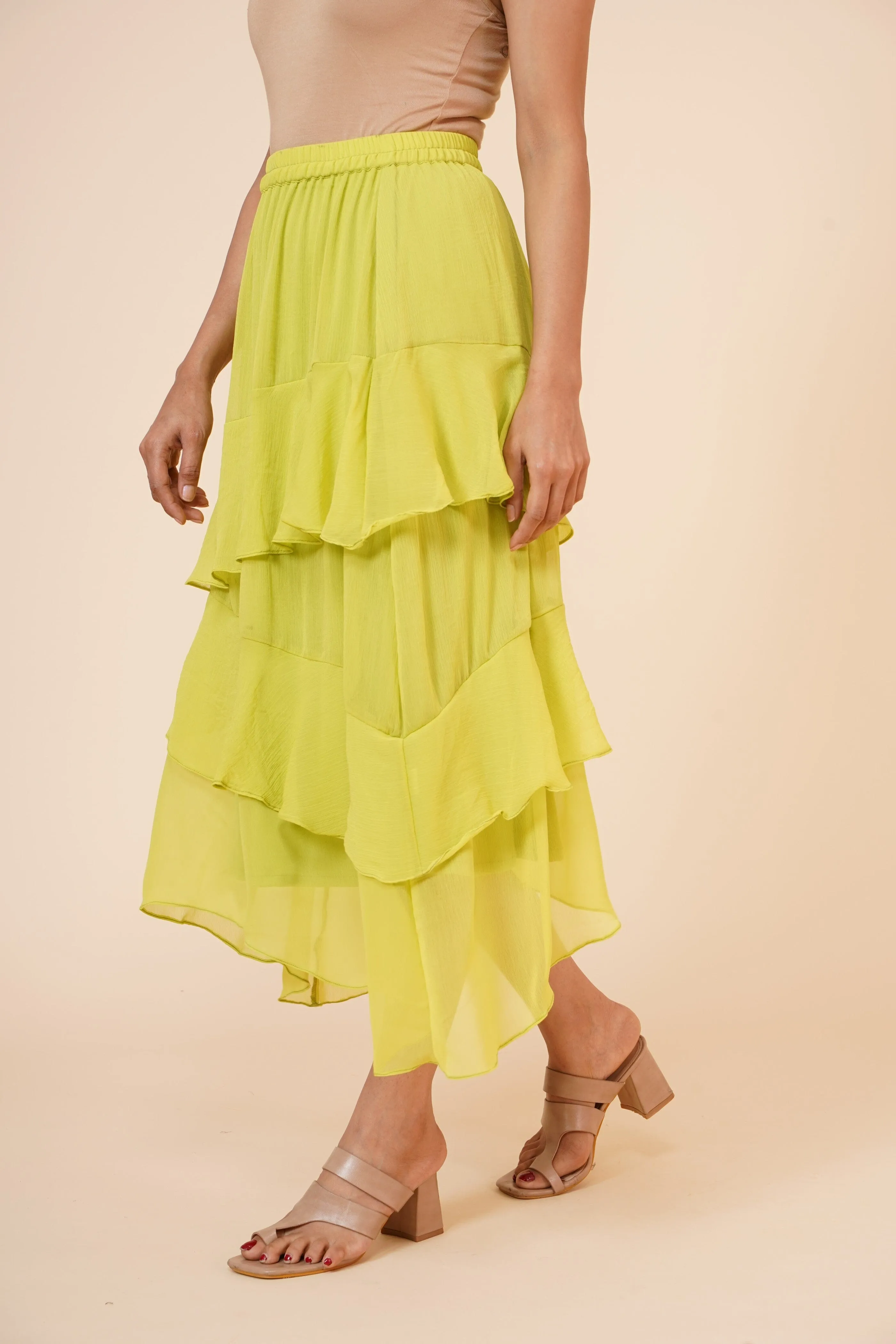 Women's Chiffon Ruffle Skirt with elastic in Lime Green