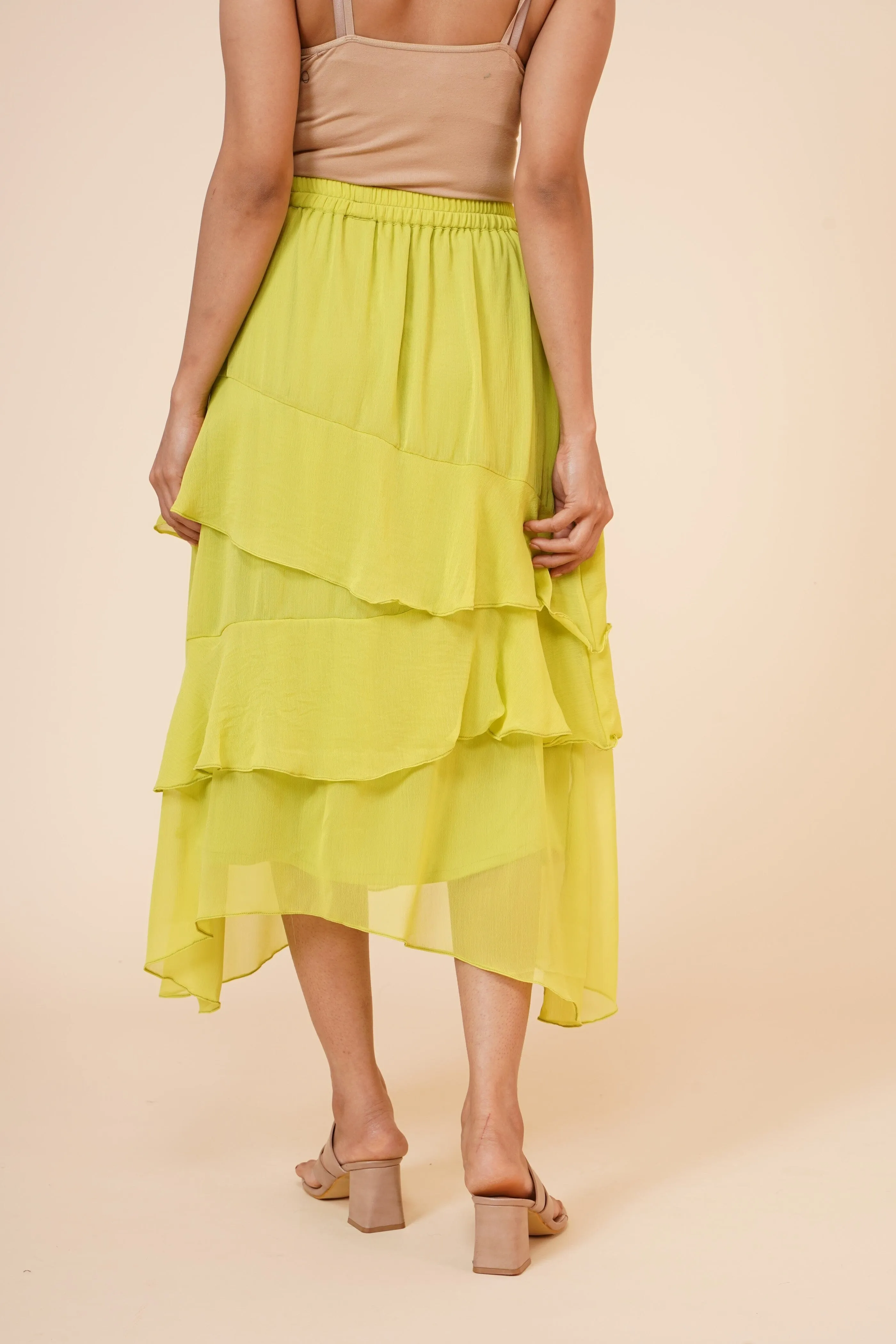 Women's Chiffon Ruffle Skirt with elastic in Lime Green
