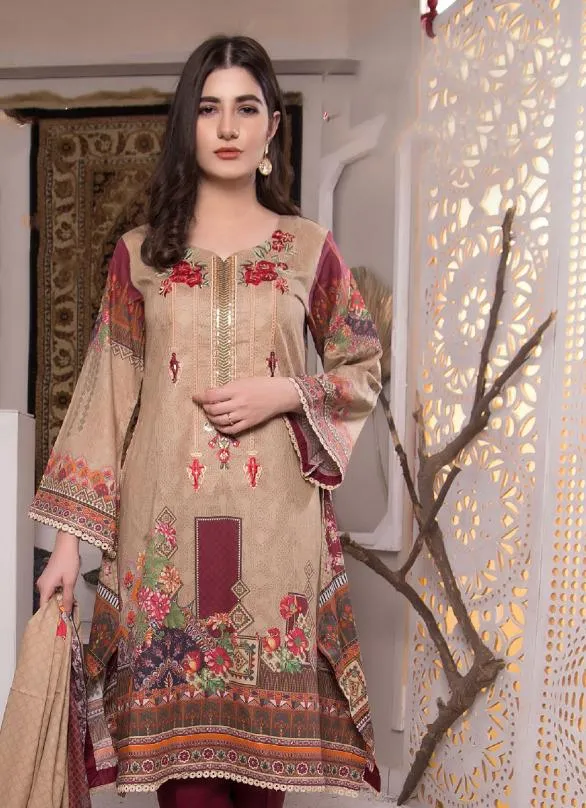 Women's Cotton Brown Pakistani Unstitched Suit Dress Material