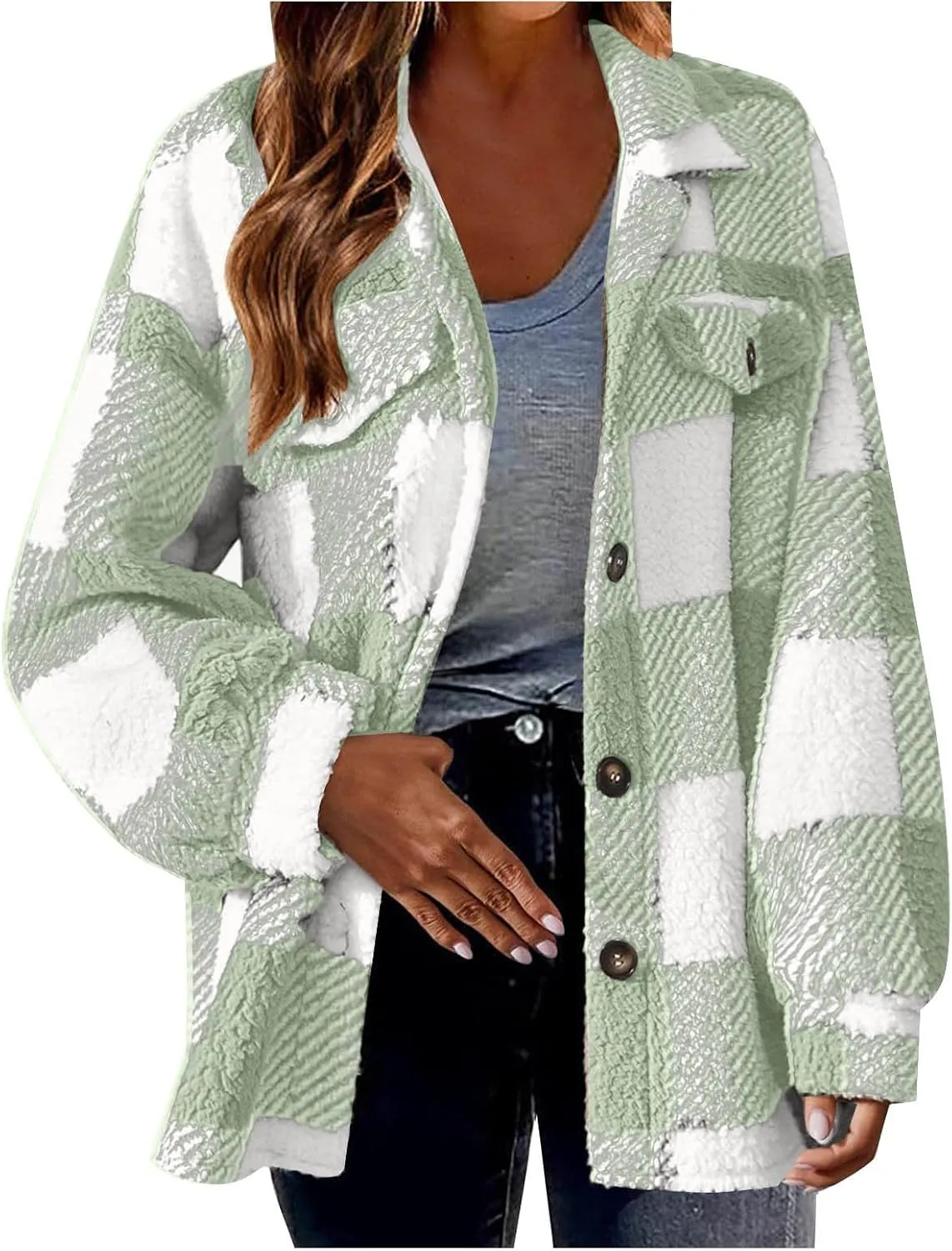 Womens Fleece Plaid Shackets Lapel Button Down Jackets Casual Long Sleeve Flannel Shirts Trendy Clothes Fall Winter