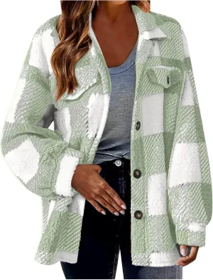 Womens Fleece Plaid Shackets Lapel Button Down Jackets Casual Long Sleeve Flannel Shirts Trendy Clothes Fall Winter