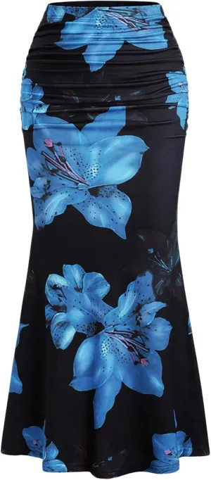 Women's Floral Print Maxi Skirt Ruffle Hem Ruched Fishtail Bodycon Long Skirts Vacation Going Out Outfits