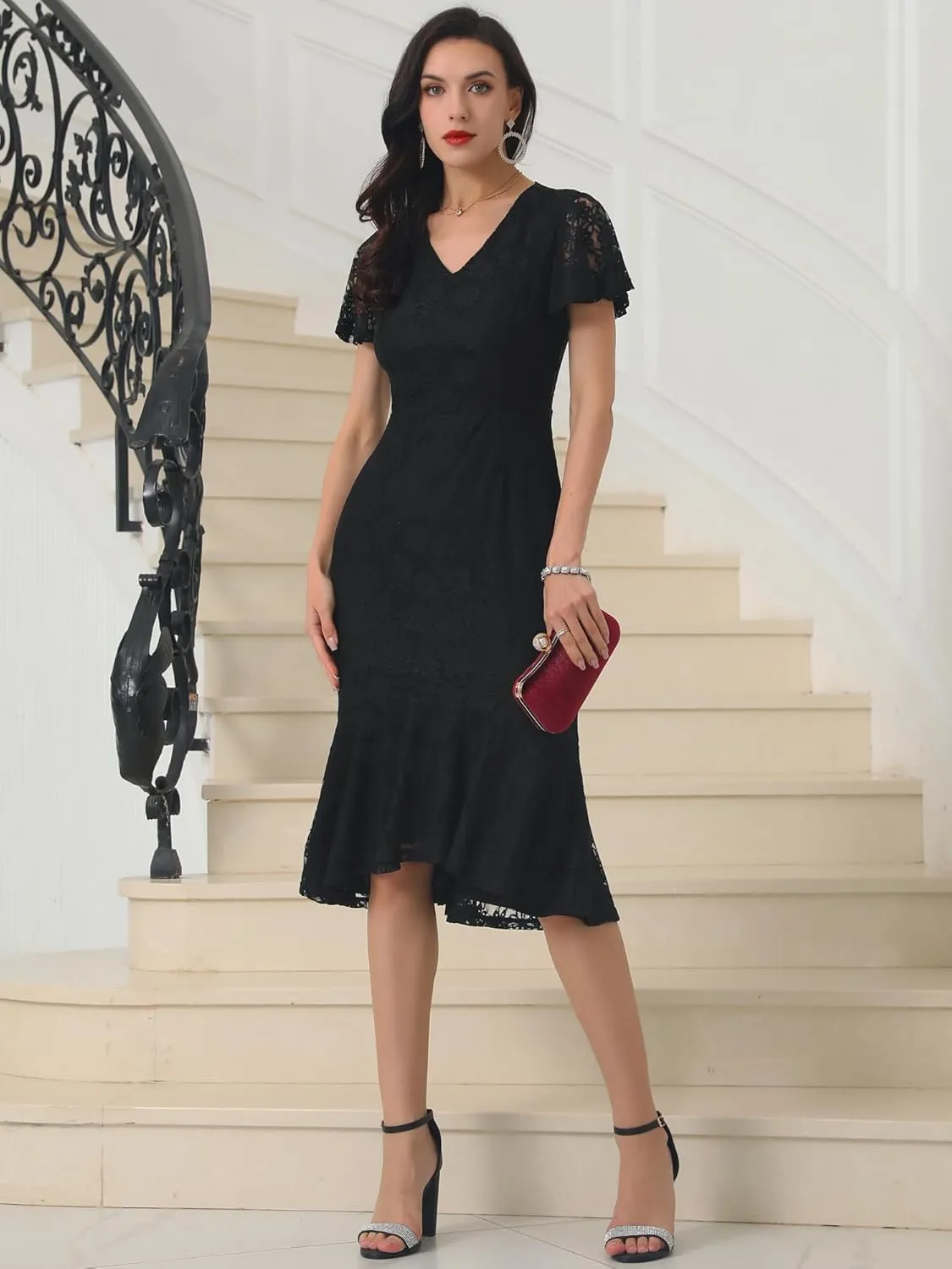 Womens' Lace Floral Dresses Fishtail Formal Cocktail Short Sleeve Midi Dress