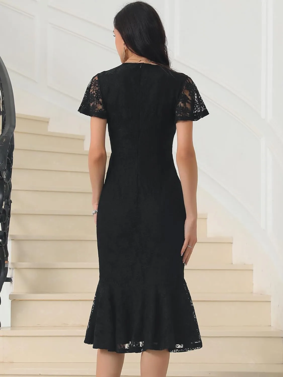 Womens' Lace Floral Dresses Fishtail Formal Cocktail Short Sleeve Midi Dress
