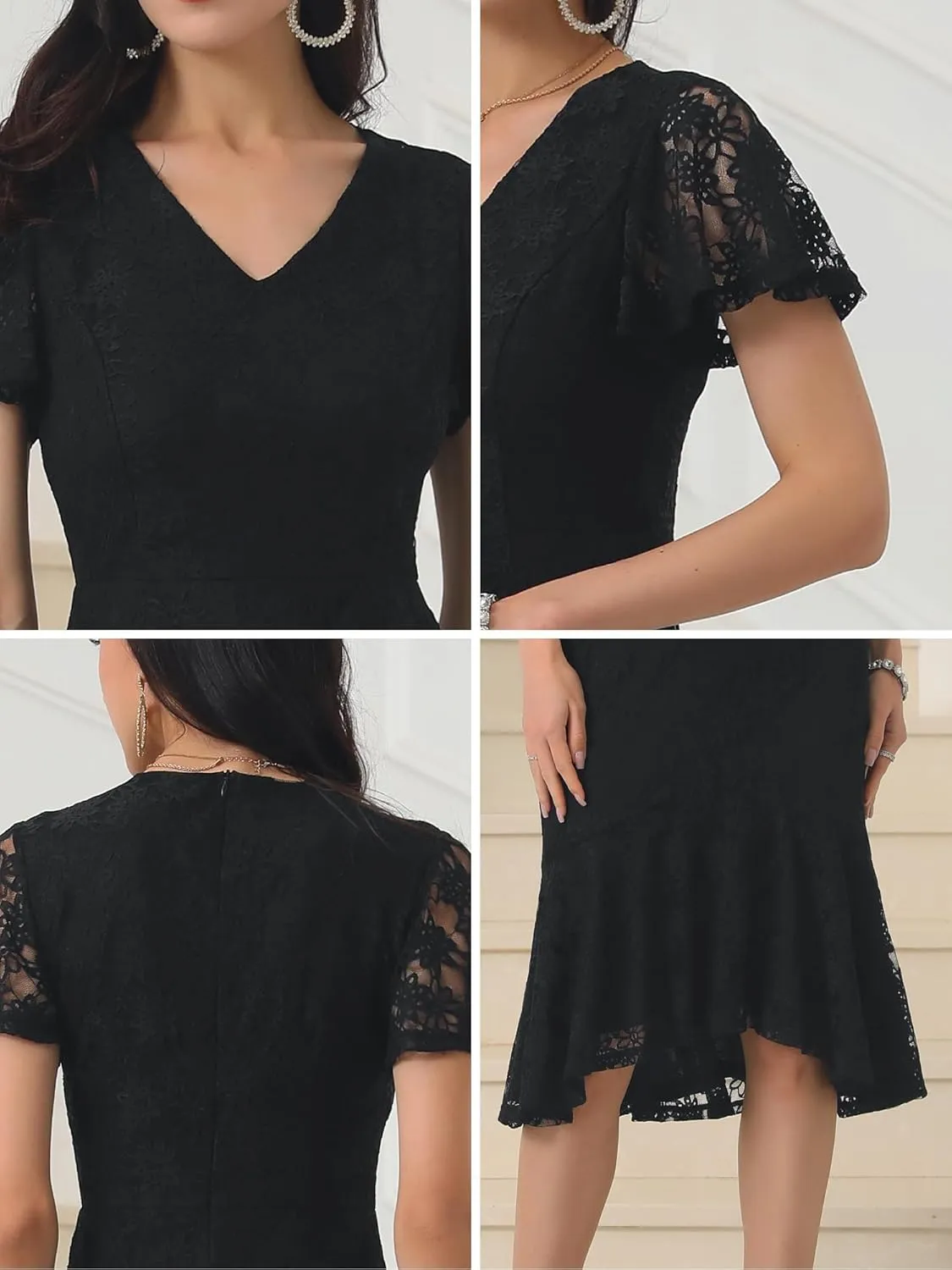 Womens' Lace Floral Dresses Fishtail Formal Cocktail Short Sleeve Midi Dress