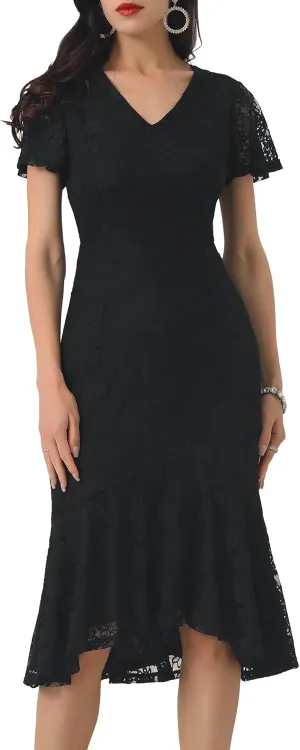 Womens' Lace Floral Dresses Fishtail Formal Cocktail Short Sleeve Midi Dress