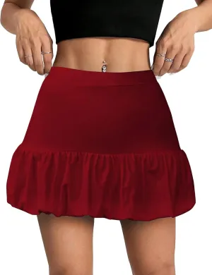 Women's Leopard Print Bubble Mini Skirt Mid Waist A-Line Short Skorts Puffy Ruffle Hem Balloon Skirts with Shorts