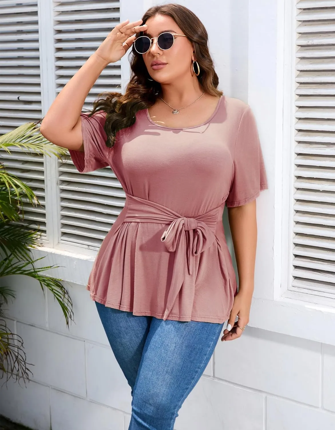 Women's Plus Size Dressy Top Plus Size T Shirt Short Sleeve Tunic Top Plus Size Scoop Neck Summer Blouse Shirt with Wrap Belt